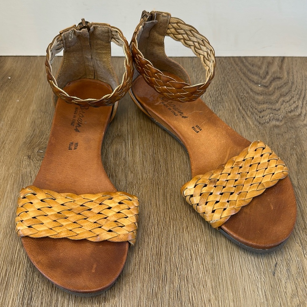 Leather Sandals Warm Tan Boho Woven Flat Sandals Size 36 (US 6) Summer BROWNS
